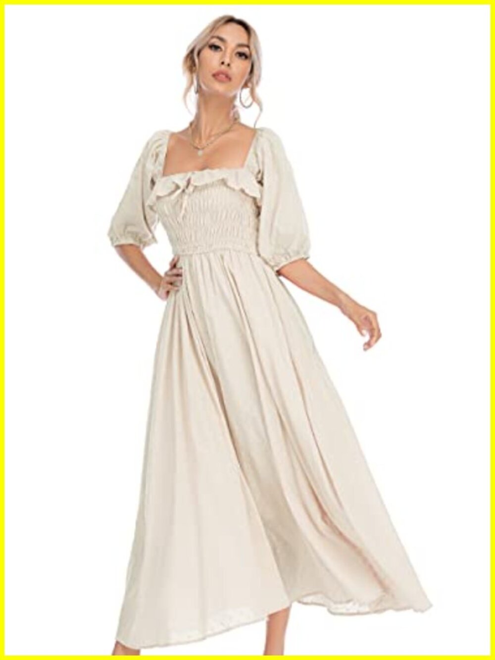 Women's 100% Cotton Midi A-Line Flowy Dress Square Neck Puff Sleeve